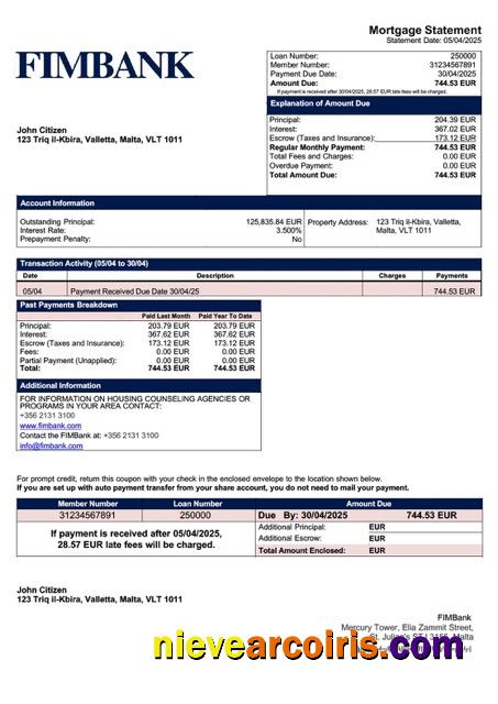 Malta FIMBank mortgage statement Word and PDF template